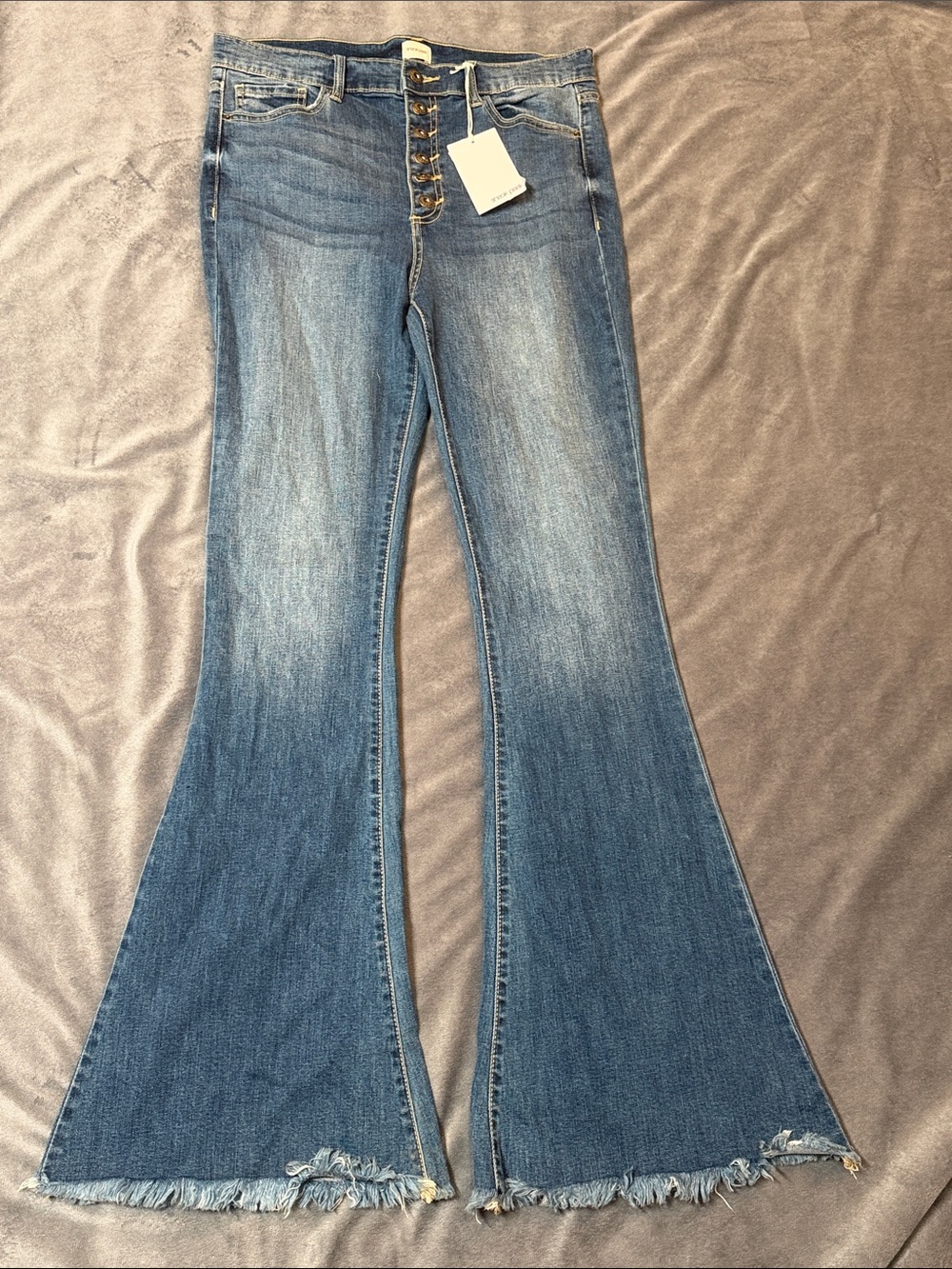 Sneak Peek Medium Blue Flare Jeans with Frayed Hem